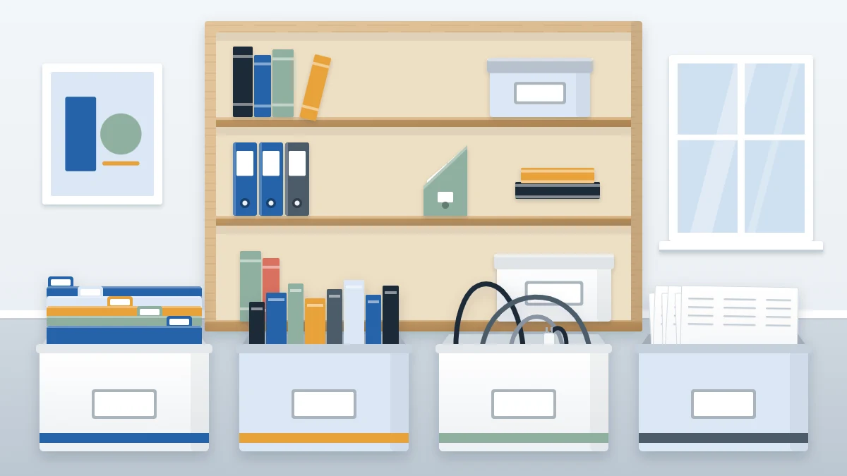 Home office floor with four open sorting boxes holding folders, books, cords and recycling paper in front of a half-cleared bookcase