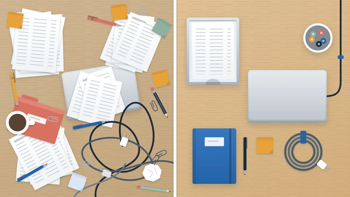 Split view of one desk: left side covered in paper piles and tangled cords, right side clear with a tray and pen cup