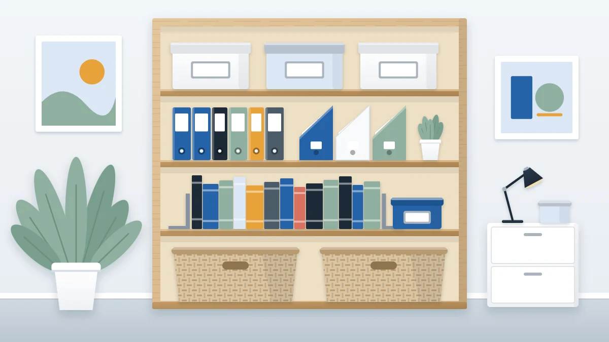 Freestanding four-shelf bookcase with light boxes on top, binders and magazine files at eye level, books with bookends and two baskets below