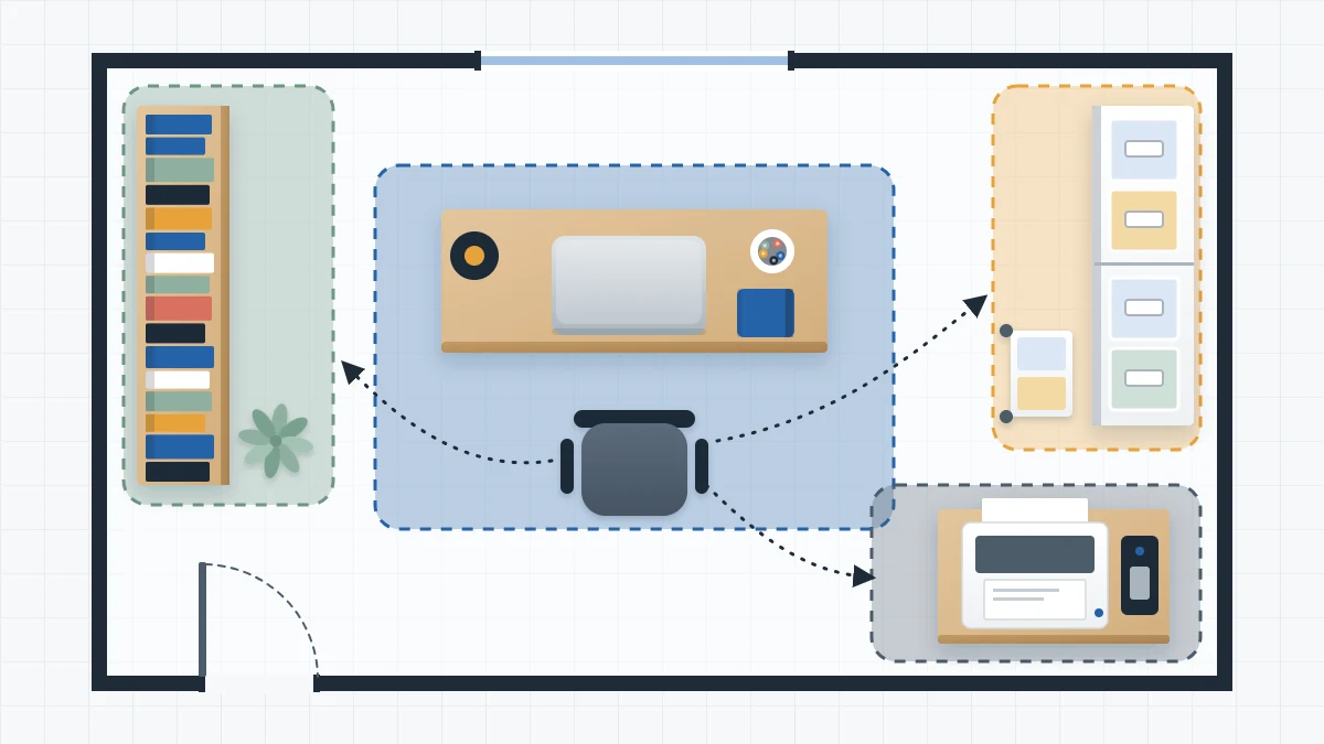 Top-down floor plan of a home office with four tinted areas for the desk, bookcase, supply cabinet and printer table
