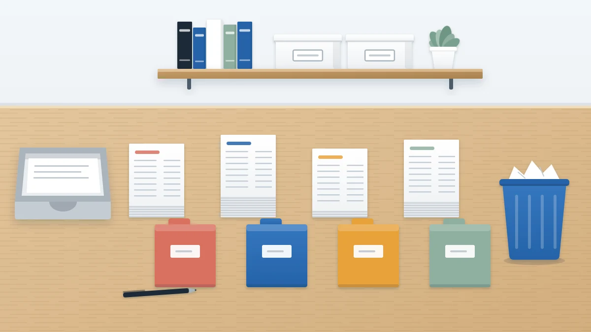 Four neat stacks of paper in a row on a table beside colored folders, with a letter tray and a small recycling bin