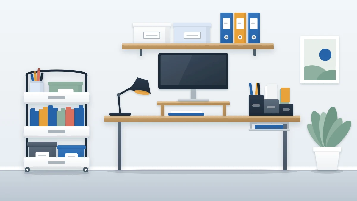 Simple table desk with slim legs, a three-tier rolling cart of boxes and folders, a desktop organizer and a monitor on a riser