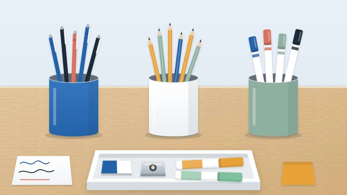 Three desk cups holding pens, pencils and markers sorted by type, with a tray of eraser, sharpener and two highlighters