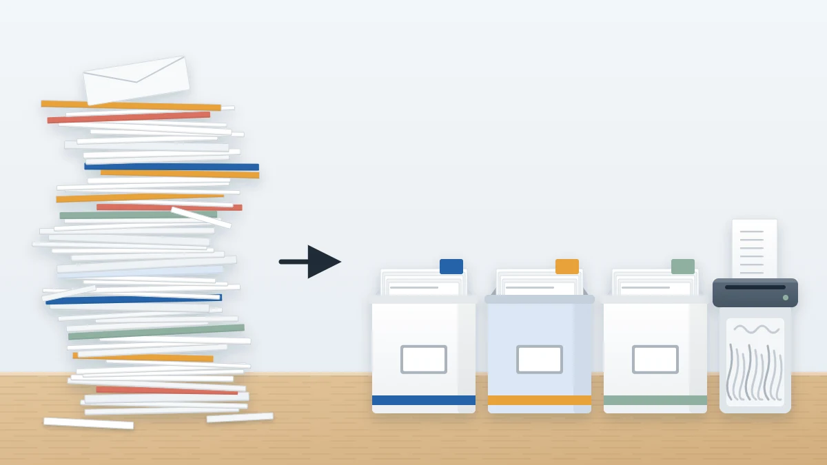 Tall uneven stack of mixed papers and envelopes with an arrow pointing to three tidy open boxes of sorted paper and a small shredder bin