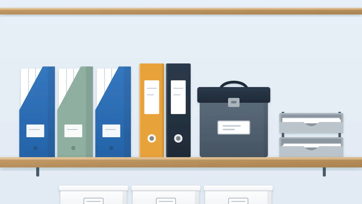 Shelf with three upright magazine files, two ring binders, a portable file box with a handle and two stacked letter trays