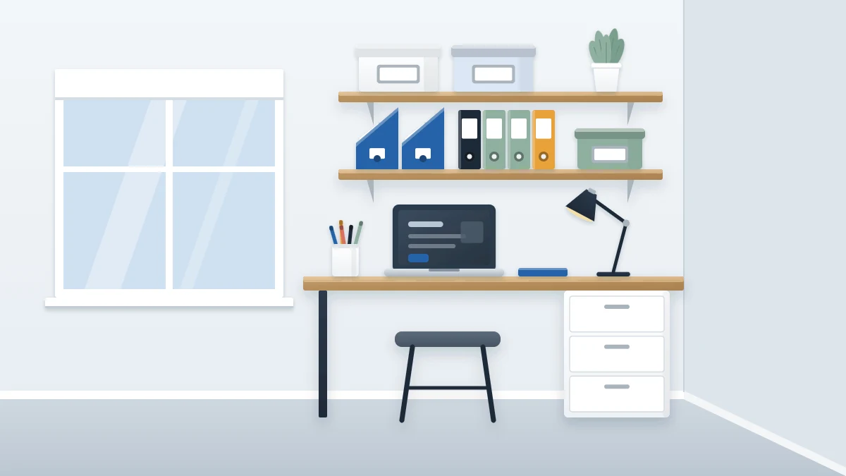 Compact corner desk beside a window with two wall shelves of boxes and a plant above, a slim drawer unit below and a clear floor