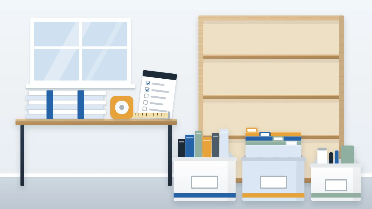 Home office mid-project with an empty bookcase, boxes of sorted items on the floor, a tape measure, notepad and flat new storage boxes on the desk